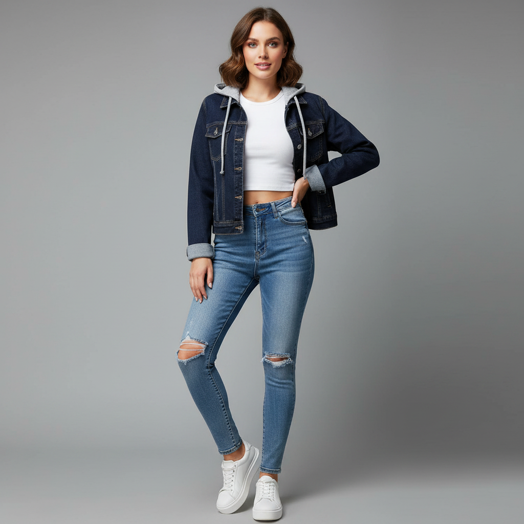 Veste Femme en Jean avec Capuche Amovible | Veste Décontractée